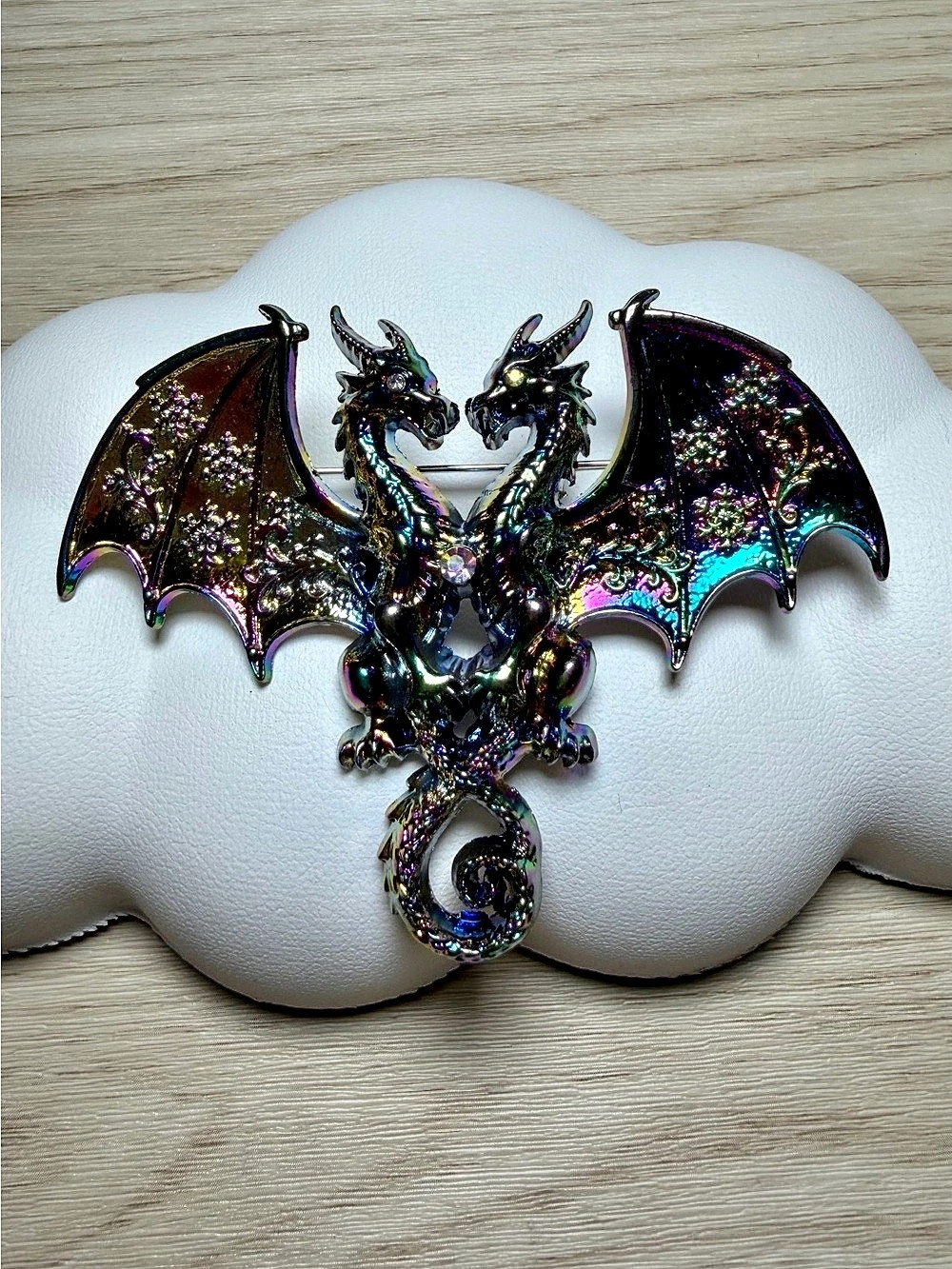 Iridescent Double Dragon Brooch in Black & Multicolor